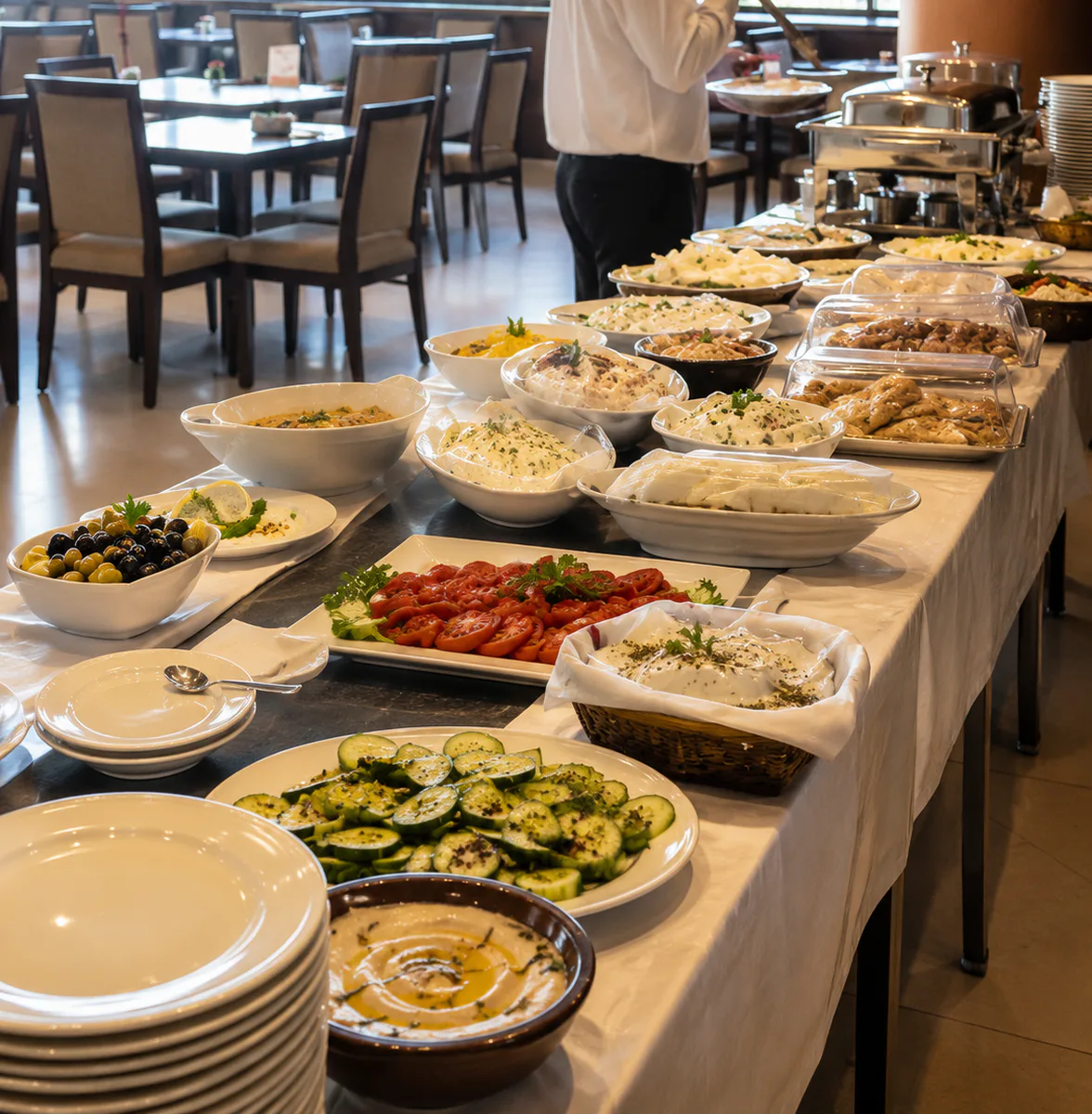 Traditional Aleppo breakfast on the ninth-floor restaurant terrace at Aleppo Palace Hotel